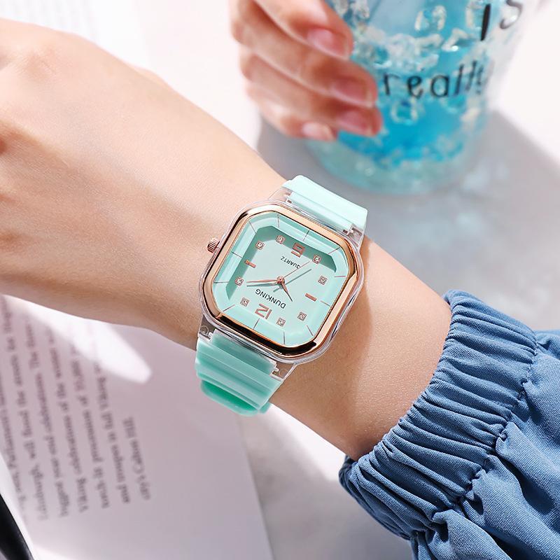 Đồng Hồ Đeo Tay Kỹ Thuật Số Mặt Vuông Đính Đá Dây Silicon Màu Trơn Thời Trang Cho Cặp Đôi