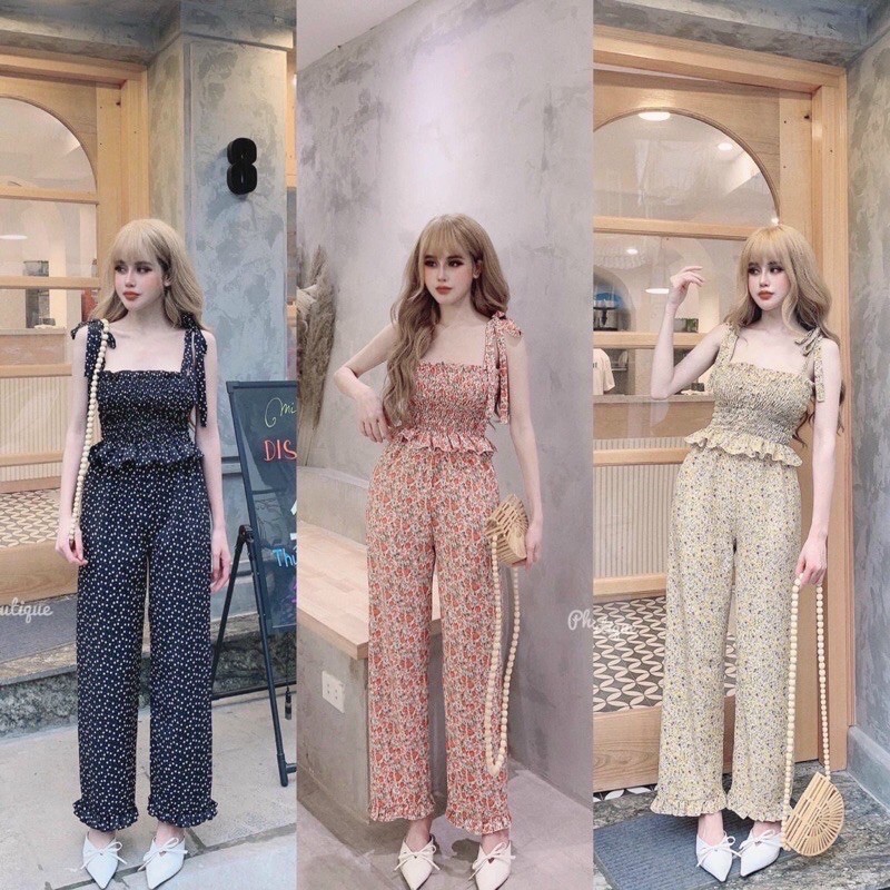 [Hàng đẹp]Sét hoa cột nơ quần ống rộng_hình thật.