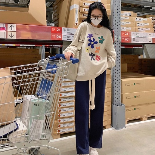 Áo thun ZHELIHANGFEI dài tay in hoa thiết kế dáng rộng dễ phối đồ