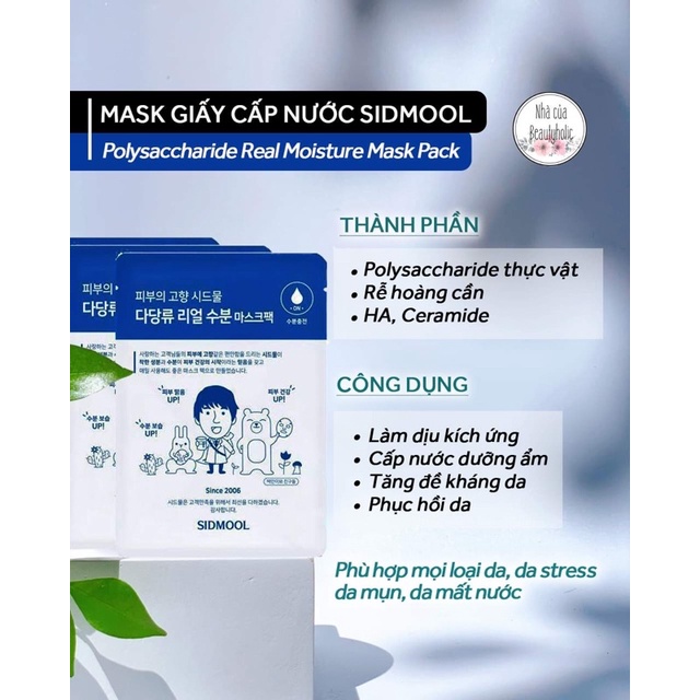 Mặt nạ cấp nước, dưỡng ẩm Sidmool Polysaccharide Real Moisture Mask Pack