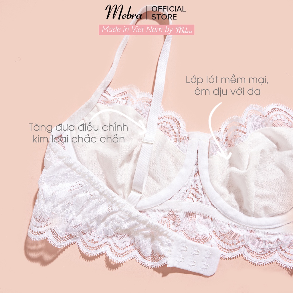 Bộ đồ lót ren có gọng không đệm 2 lớp trắng ngây thơ gợi cảm sexy nâng ngực viền ren quần 3/4 cao cấp Mebra S007