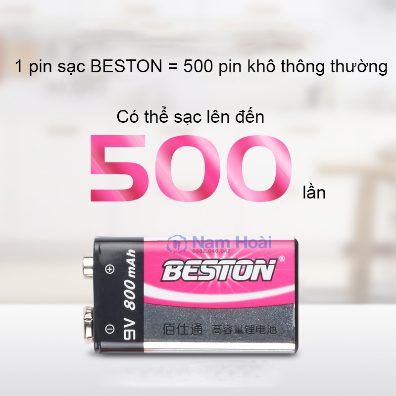 Pin sạc Beston 800 mAh 9V Li-ion dung lượng cao, bộ sạc pin vuông 9V dùng cho micro không dây, đồng hồ vạn năng