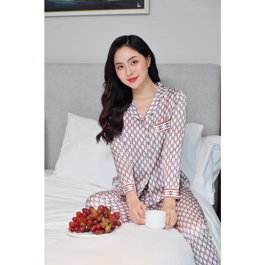 Bộ Mặc Nhà Pyjama Lụa Cao Cấp Tea Store Tay Dài Quần Dài Họa Tiết Chữ C