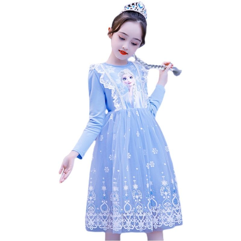 Đầm Thun Dài Tay In Hình Elsa Phong Cách Hàn Quốc Thời Trang Cho Bé Gái