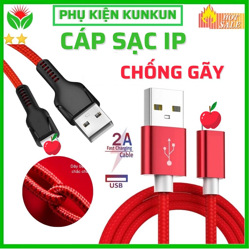 Dây cáp sạc ip,Cáp sạc thiết kế dây bện dù dài 1 mét và 3 mét cho ĐT 6 6s 7 8 plus x xr xs max