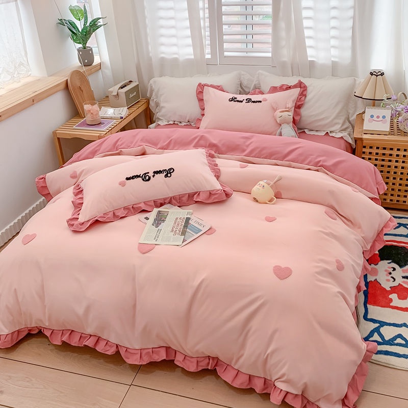 Ins net red cartoon washed cotton bed four piece set Korean princess style girl heart embroidered quilt cover fitted sheet L4Ry