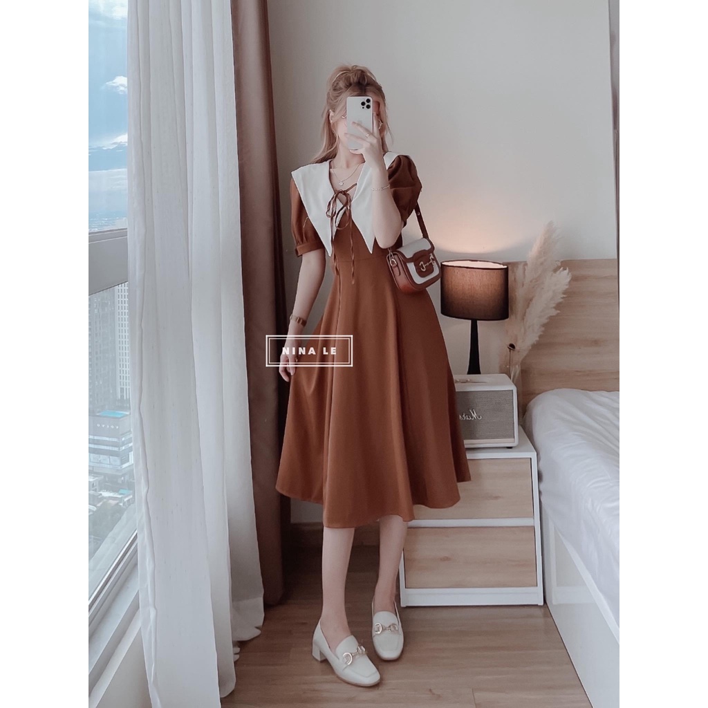 [Ảnh thật/Sẵn] Đầm - Váy phối cổ vạt trắng thắt nơ dáng xòe xếp li eo tay bồng ulzzang