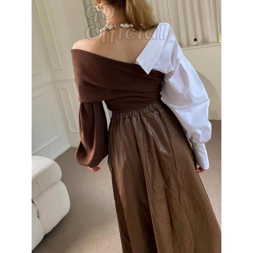 A88|Áo sơ mi nữ polo cổ V cotton phối len dệt kim trễ vai, váy chữ A cạp lưng cao da pu dài rộng nâu, đen GD Official