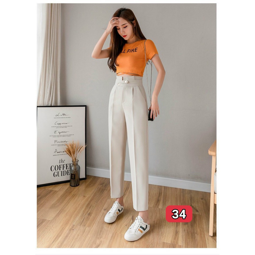 Quần beggy vải tuyết mưa 2 cúc chéo công sở cao cấp, bền đẹp Form suông thoải mái 2 cúc 2 màu trắng đen.34 | BigBuy360 - bigbuy360.vn