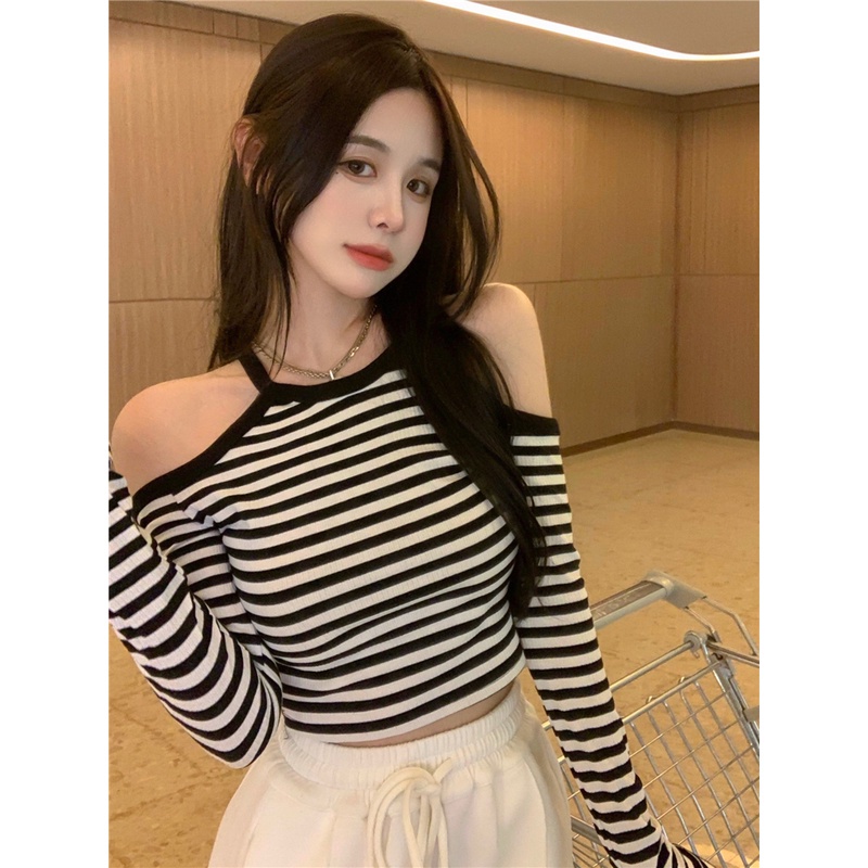 Áo thun COZOK tay dài trễ vai họa tiết kẻ sọc thời trang quyến rũ