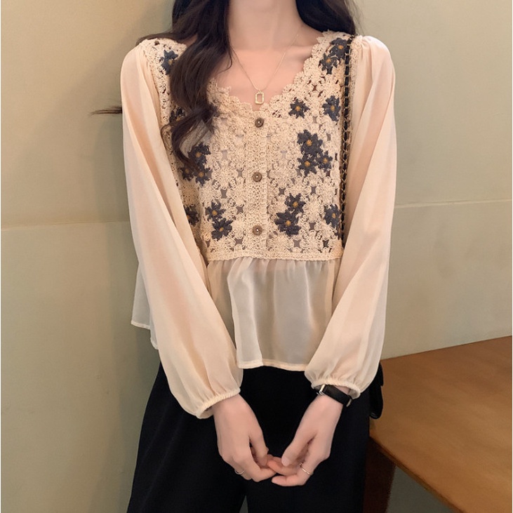Áo kiểu tay dài voan phối lưới cói thêu hoa AK38