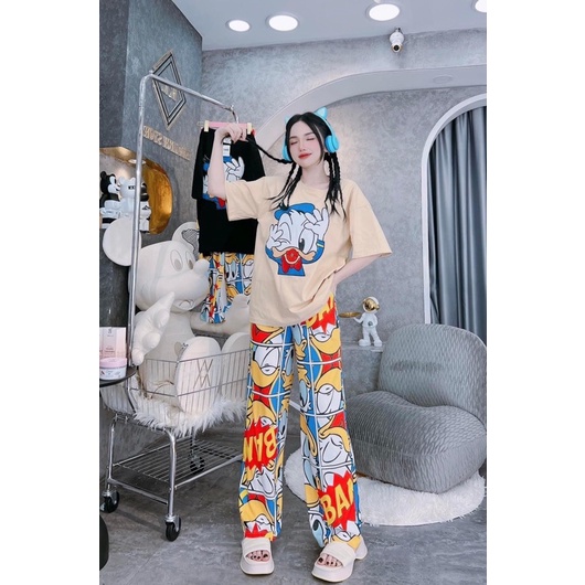 Set áo cotton hồng vịt đáng yêu quần suông xinh xắn hình và video thật N4