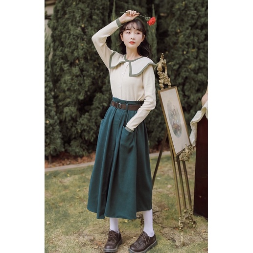 Chân váy nhung tăm dài lưng chun vạt lệch kèm đai Vintage - Lumii