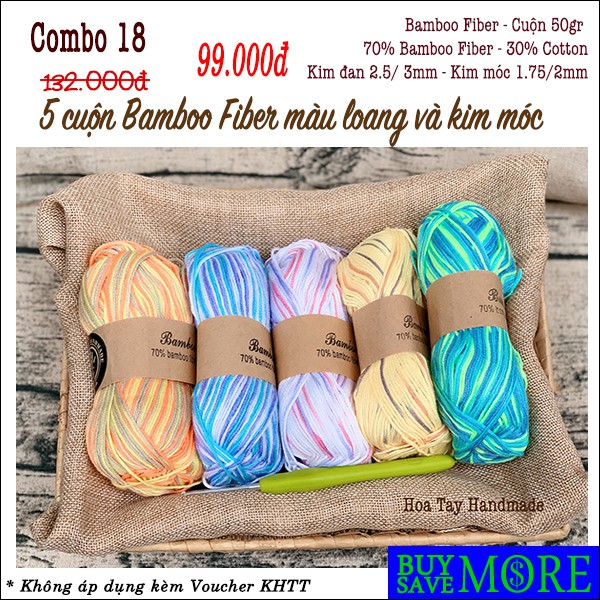 Combo 18 gồm 5 cuộn Bamboo fiber màu loang và 1 kim móc Silicone