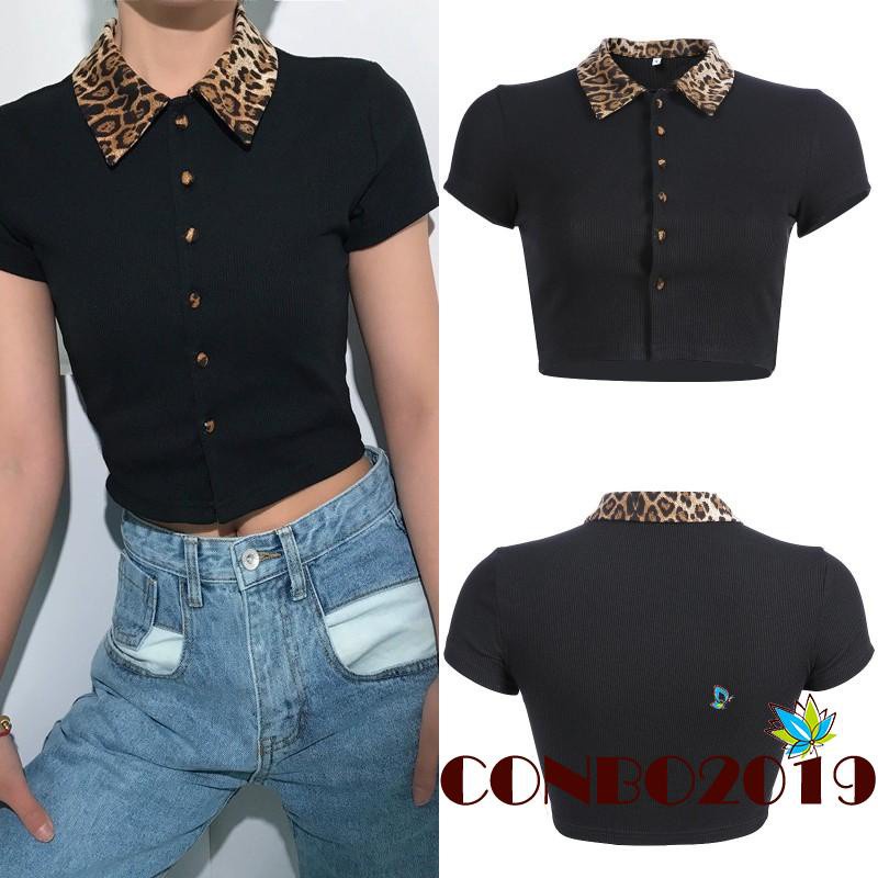 Áo Croptop Tay Ngắn Cổ Bẻ Cài Nút In Họa Tiết Da Báo Quyến Rũ Cho Nữ