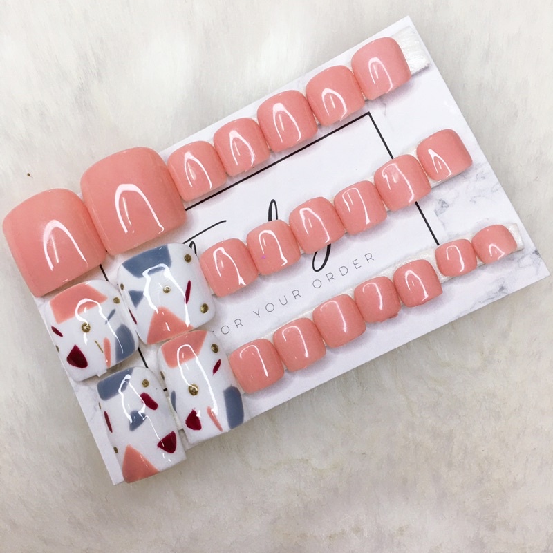 ( Có ảnh thật) Nailbox Bộ 24 móng úp chân thiết kế sẵn/ móng chân giả màu hồng trang trí đơn giản