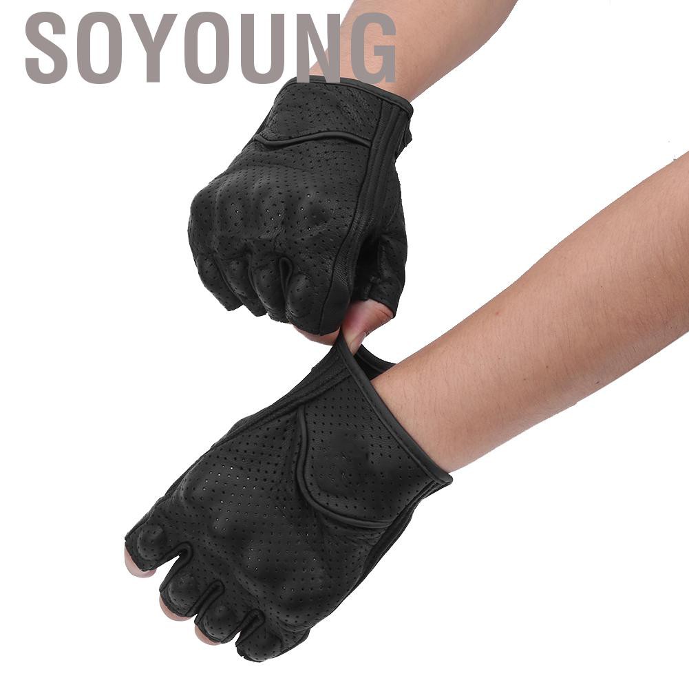 Soyoung Half Fingers Motorcycle Gloves Leather Breathable Anti Slip Protective Riding Cycling Hand Wear