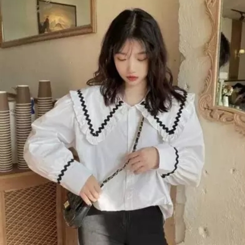 Áo Sơ Mi Trắng Tay Dài Cổ Búp Bê Phong Cách Phương Tây