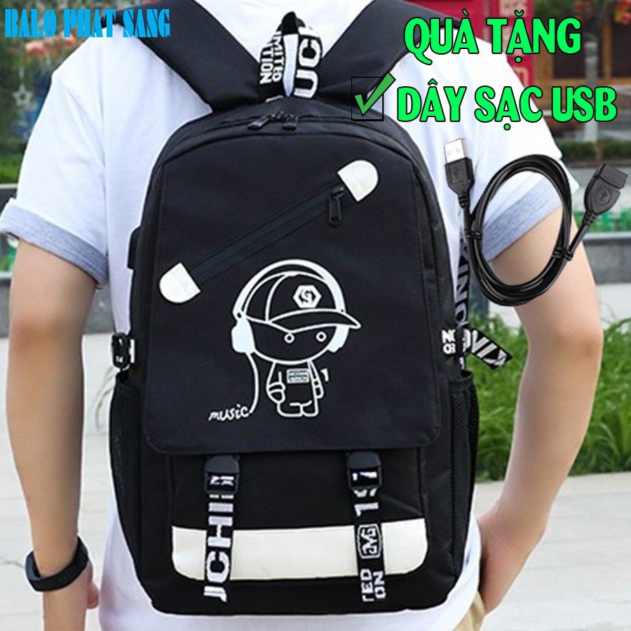 Balo nam nữ thời trang phát sáng dạ quang in hình họa tiết cá tính + Tặng cáp sạc USB siêu bền - Hàng cao cấp