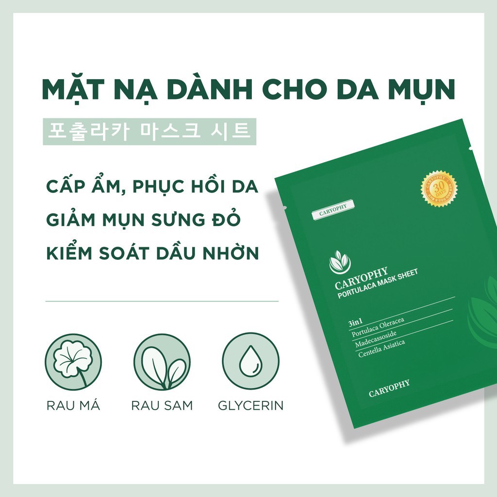 Hộp Mặt Nạ 10 miếng Ngăn Ngừa Mụn Chuyên Sâu Caryophy Portulaca Mask Sheet 220gr