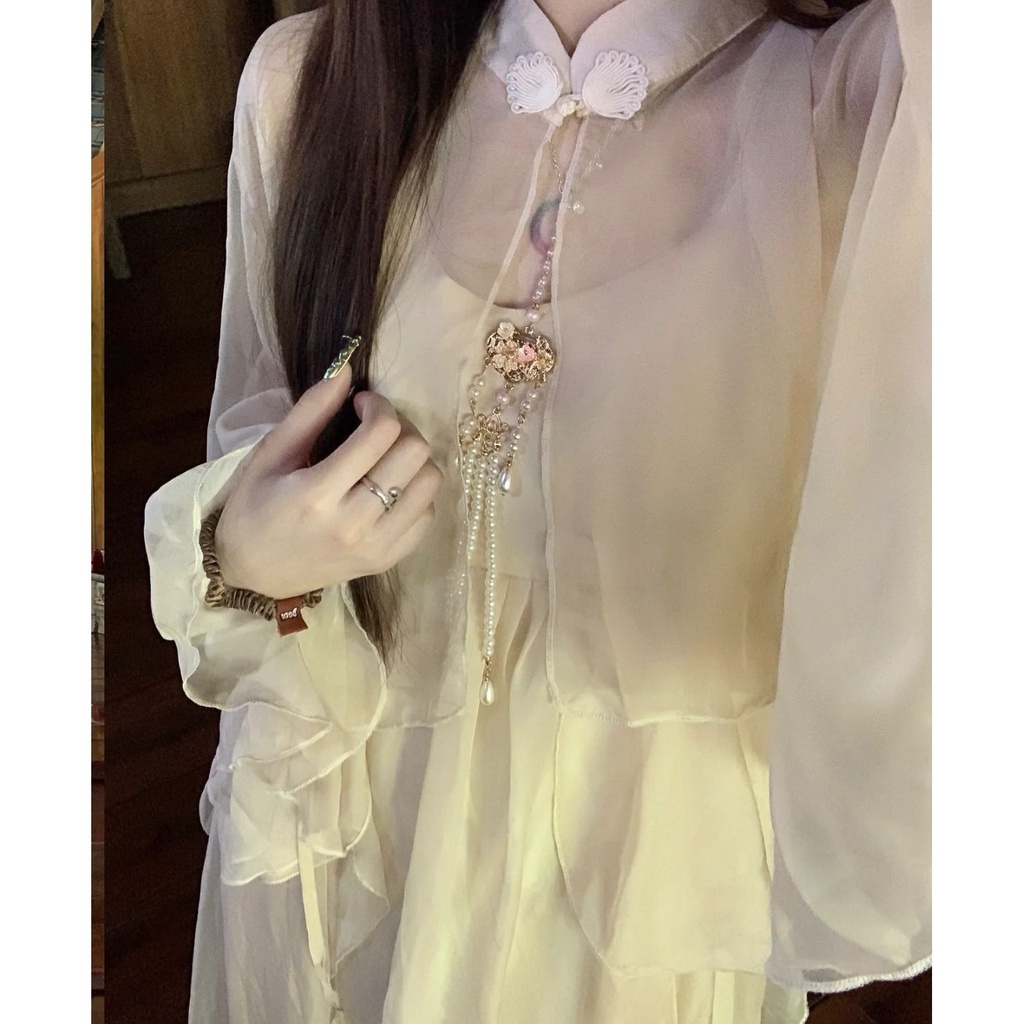 🎀váy babydoll váy babydoll Bộ Áo Khoác Cardigan + Đầm Hai Dây Chống Nắng Phong Cách Trung Hoa Mới 2022