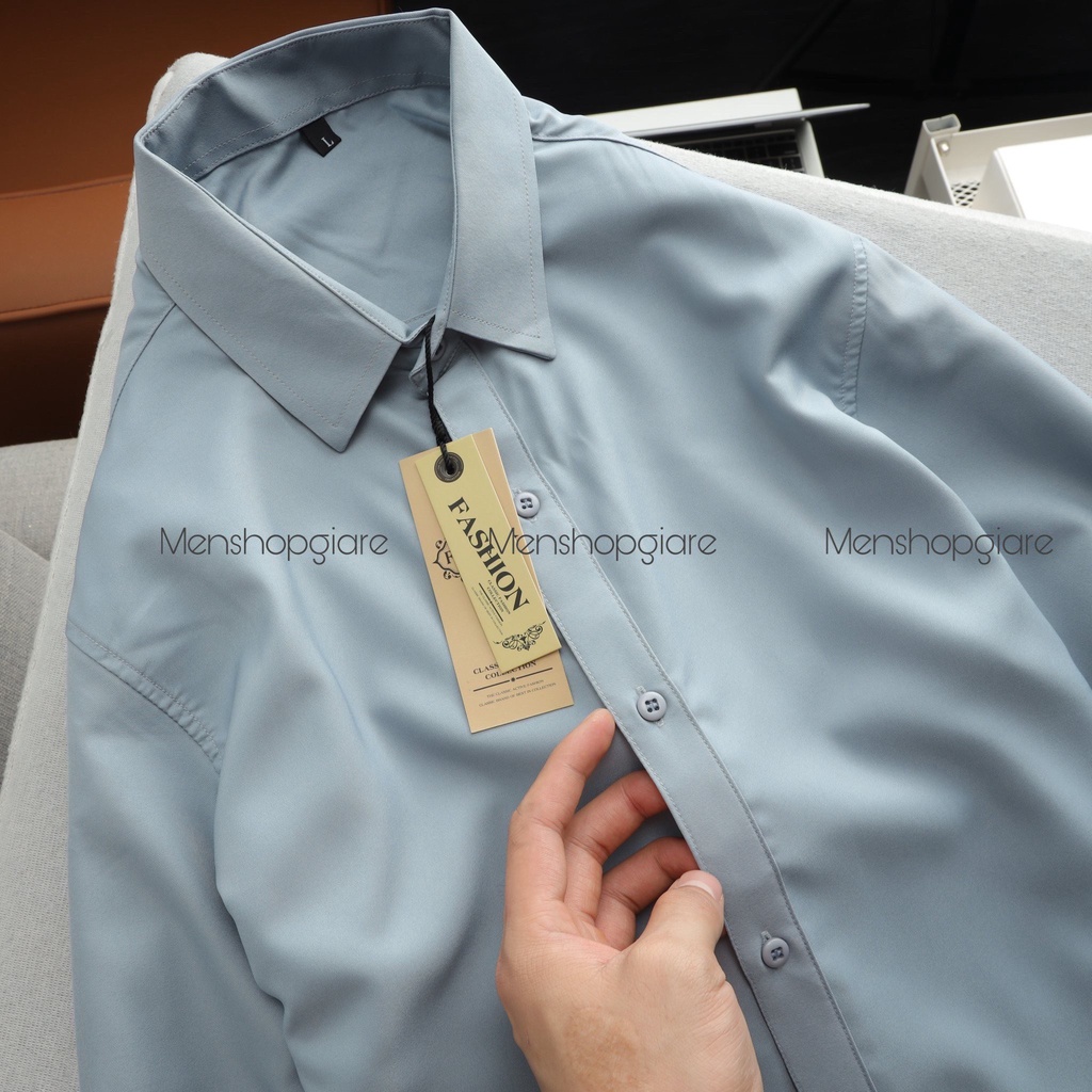 SƠ MI LỤA KHÔNG NHĂN  HÀNG CHUẨN SHOP MÀU XÁM XANH