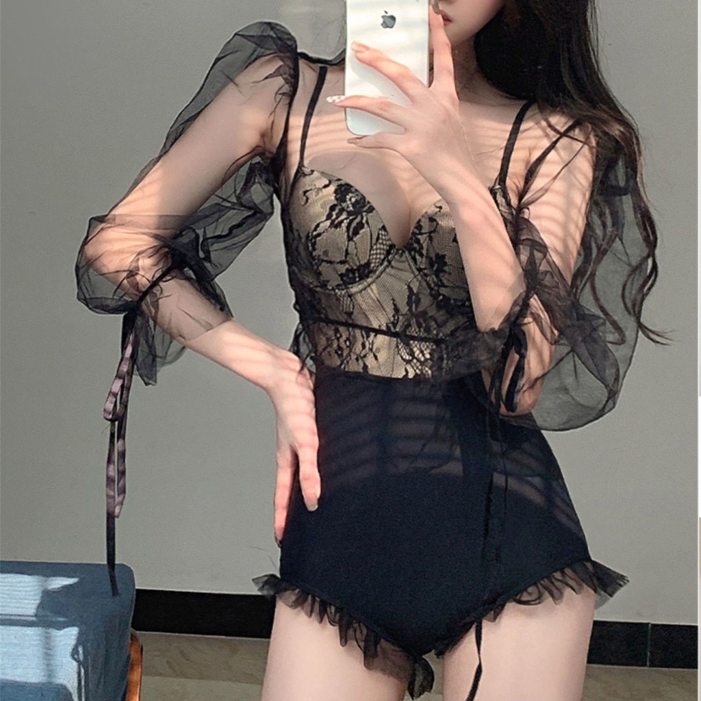 Bộ Đồ Bơi 2 Mảnh Tay Dài Lưng Cao Phối Ren Xuyên Thấu Màu Đen Thời Trang Quyến Rũ Cho Nữ