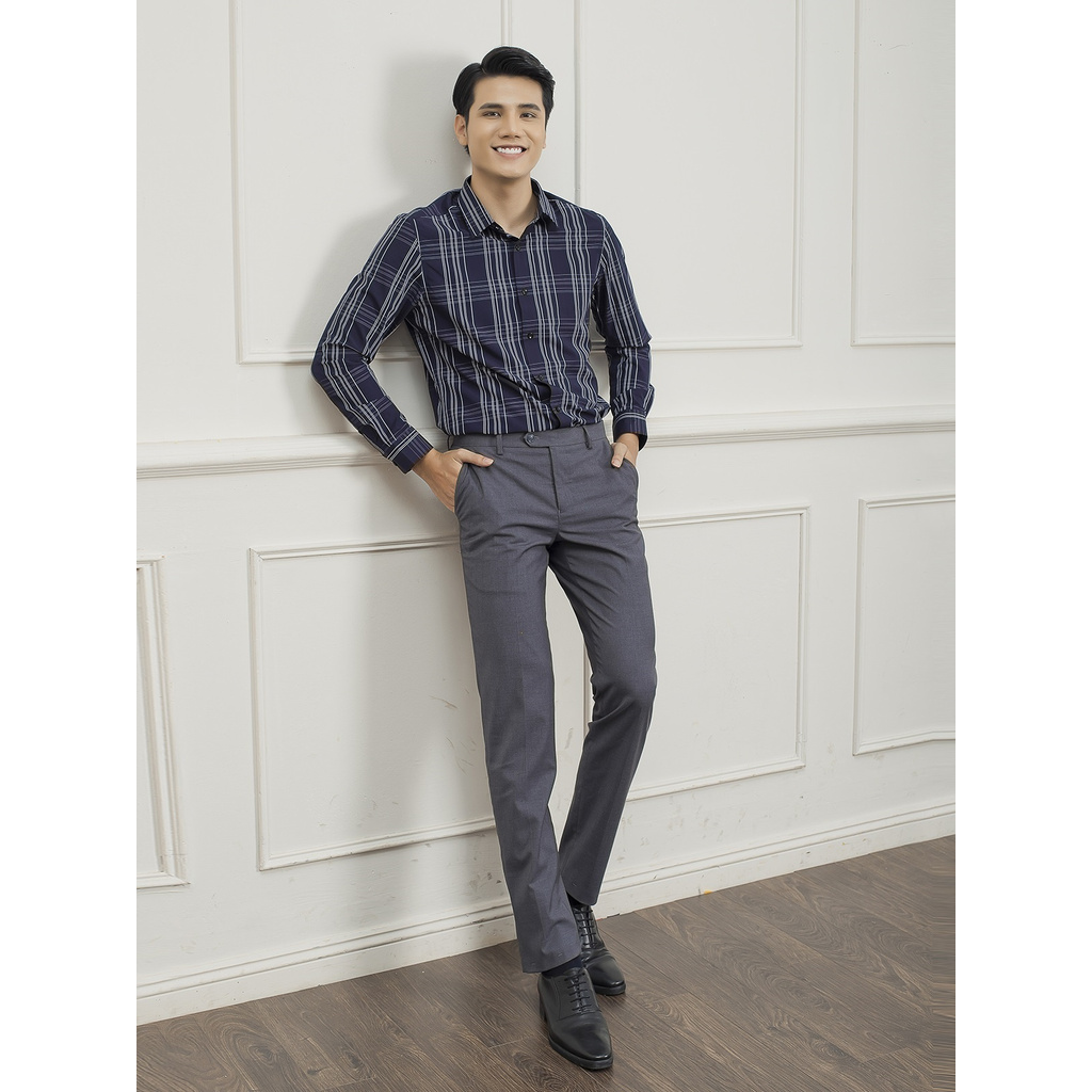 Áo Sơ Mi Nam Tay Dài Aristino ALS20509 Màu Tím Than Caro Trắng Kiểu Dáng Slim Fit Chất Liệu Sợi Sồi