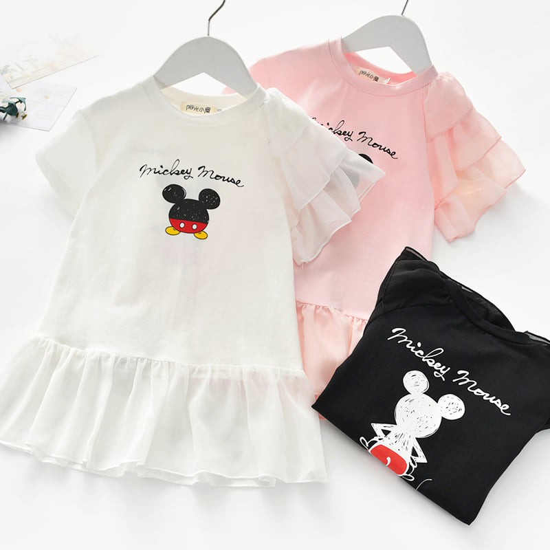 Váy bé gái in Mickey phối voan tay đầm cho bé từ 2 đến 12 tuổi chất cotton, size đại 40kg