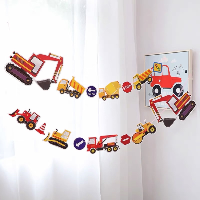 Dây happy birthday và dây sticker chủ đề máy xúc cho bé trai