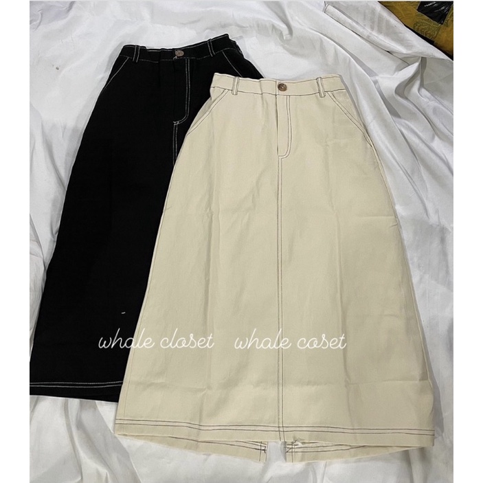 Chân váy kaki jean đen chỉ nổi dáng dài có túi xẻ tà chun phía sau Vintage | BigBuy360 - bigbuy360.vn