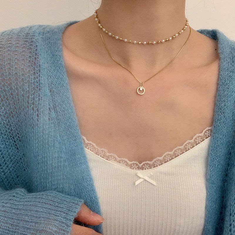 Vòng cổ hai lớp đính hạt ngọc trai nhỏ phong cách thời trang chất lượng cao F040