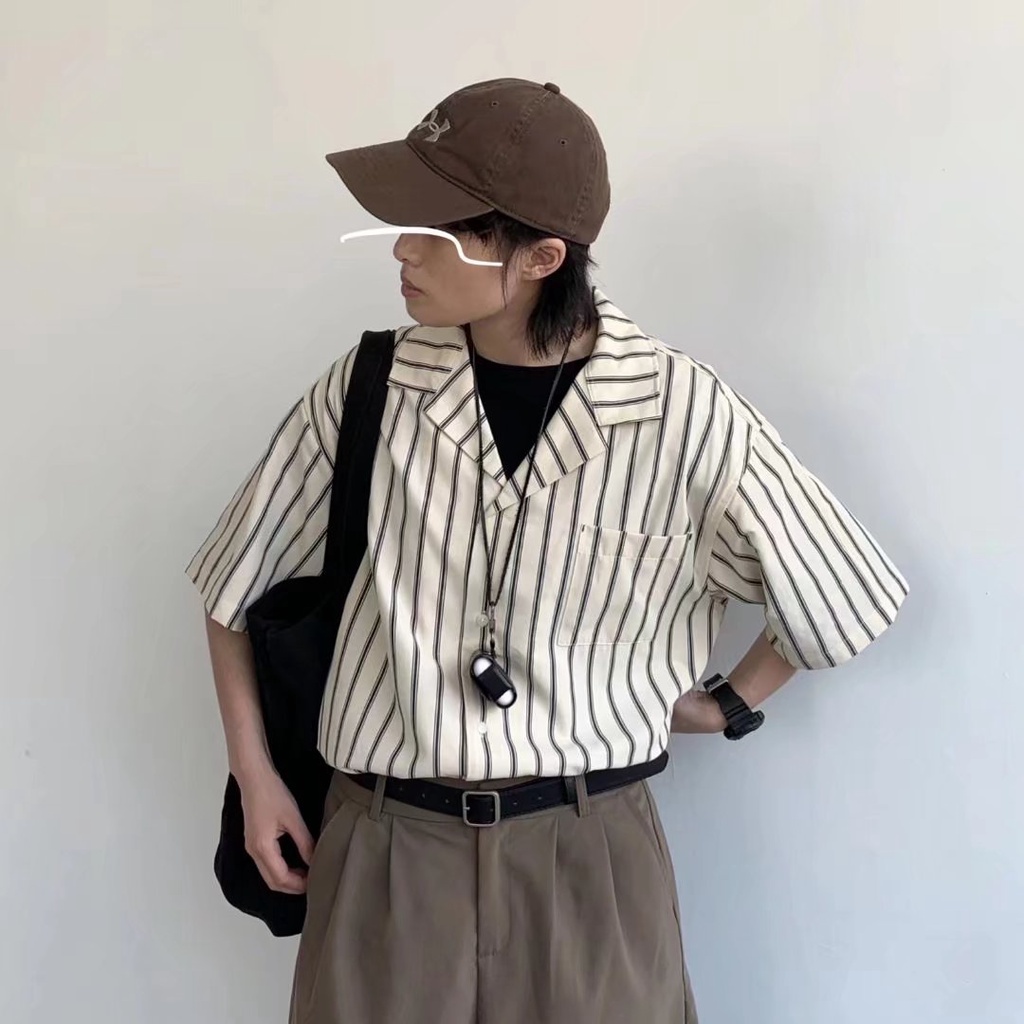 áo sơ mi tay ngắn họa tiết sọc thời trang phong cách hàn năng động cho nam hàn quốc áo kiểu nam retro simple fashion áo nam đẹp áo sơ mi nam ngắn tay sọc