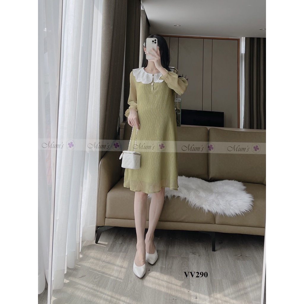 ĐẦM BẦU CÔNG SỞ MUM'S SHOP  FREESHIP  Váy bầu xinh -Dập xanh bơ cổ ren