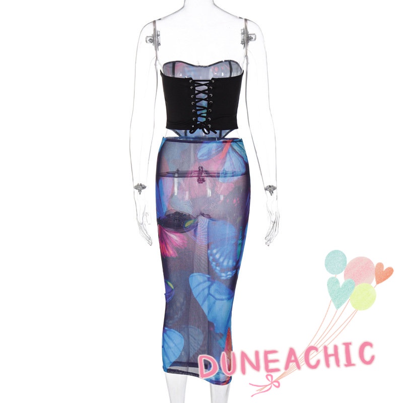 DUNEA Bộ đồ 2 món gồm áo ống in hình bướm và chân váy midi xinh xắn cho nữ