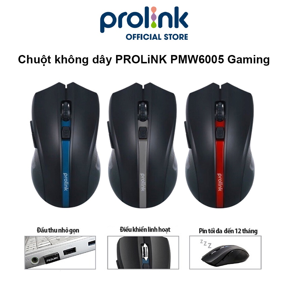 Chuột không dây PROLiNK PMW6005 kiểu dáng Gaming, tiết kiệm pin, độ nhạy cao dành cho PC, Laptop