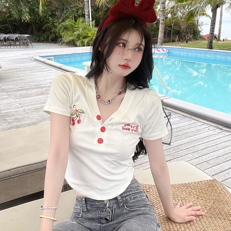 COZOK Áo Thun Tay Ngắn Dáng Ôm Thêu Hình Quả Cherry Dễ Thương