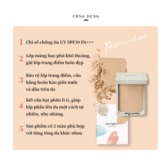 Phấn phủ hữu cơ dạng nén naturaglacé Pressed Powder (02 - Màu da tự nhiên), kiềm dầu, chống nắng SPF30 PA+++, 12g