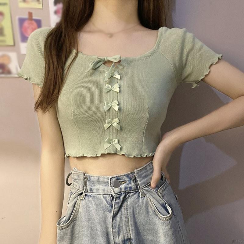 [Mã FAMAYWA giảm 10K đơn 50K] Áo kiểu dệt kim ngắn tay đính nơ phong cách Hàn Quốc xinh xắn thời trang cho nữ | BigBuy360 - bigbuy360.vn