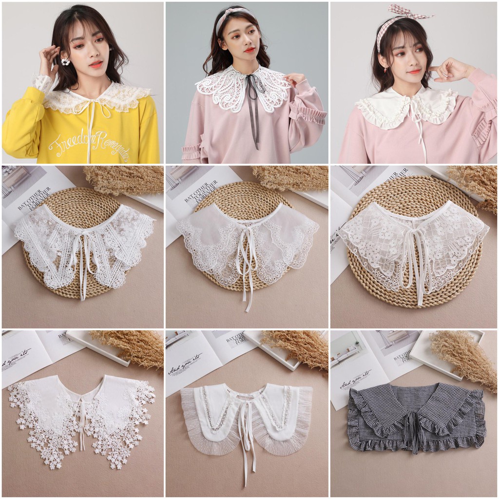 Cổ áo sơ mi giả tháo rời chất ren cách điệu, mặc cùng áo váy không cổ trẻ trung năng động dành cho nữ - CTTH