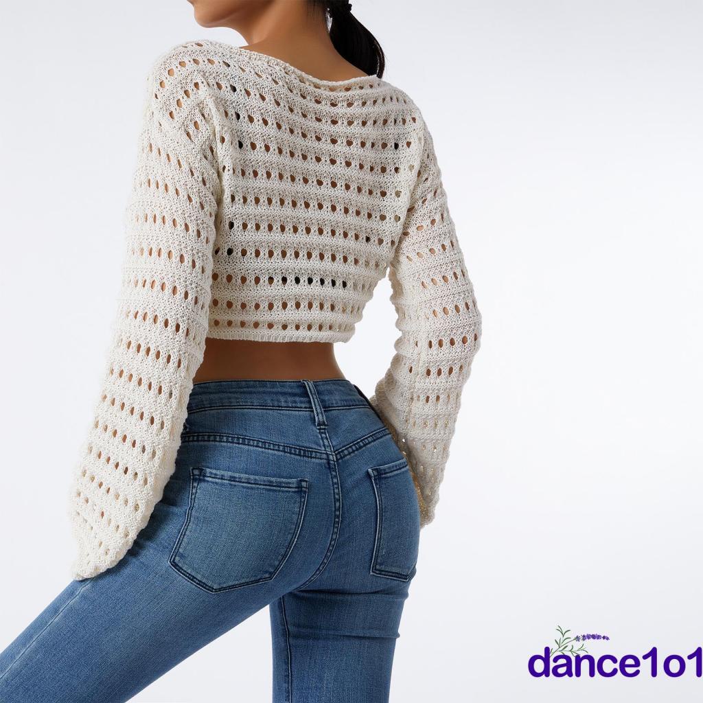 dance1o1-90S Vintage Women´s Hollow Out  Long Sleeve Knitted Tops