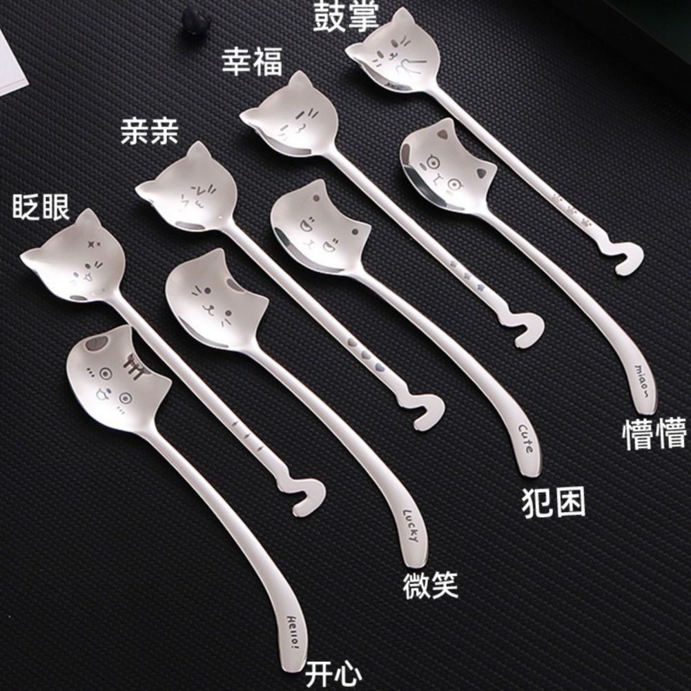 Muỗng Cà Phê Bằng Thép Không Gỉ Tay Cầm Gốm Hình Mèo Dễ Thương