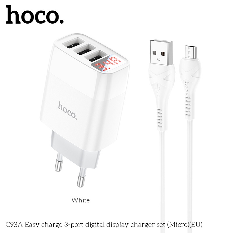 Bộ Củ Cáp Sạc Nhanh Hoco C93A 3 Cổng USB Kèm Dây Sạc Loại Chân Micro,IP Và Type C. Bảo Hành 12 Tháng