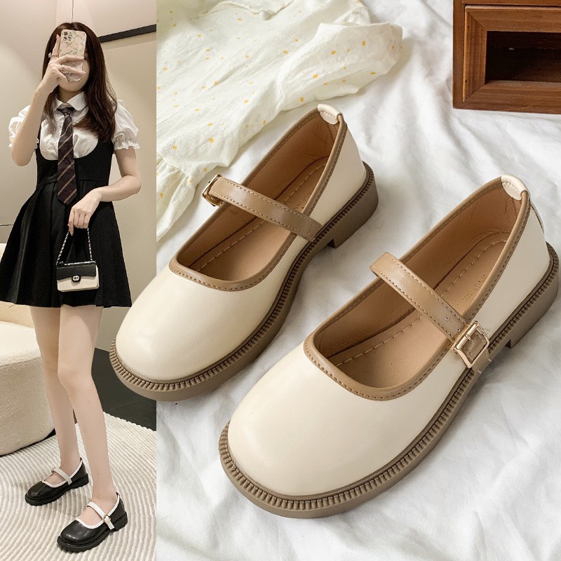 Ảnh thật Giày Búp Bê MarryJane Phối Viền Da Mũi Tròn Style Lolita Nhật Bản G171