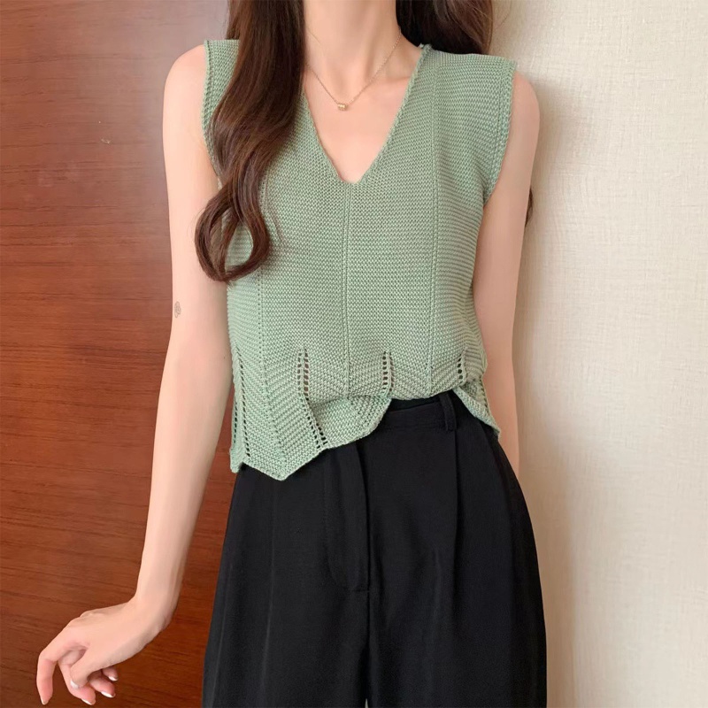 Áo Len Dệt Kim Không Tay Cổ Chữ V Màu Trơn Thời Trang Mùa Hè Cho Nữ
