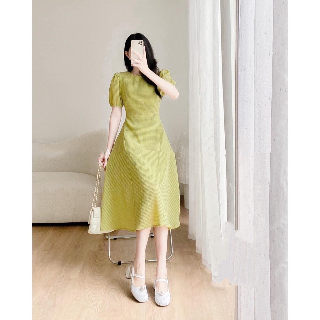 Đầm Xòe Dự Tiệc Cổ Tròn Tay Bồng Cột 2 Nơ Sau Lưng