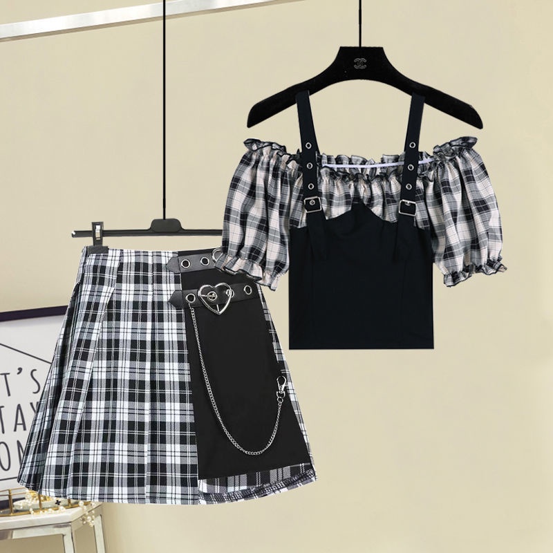 Set Áo Trễ Vai Giả Hai Lớp + Chân Váy Xếp Ly Sọc Caro Thời Trang Nữ