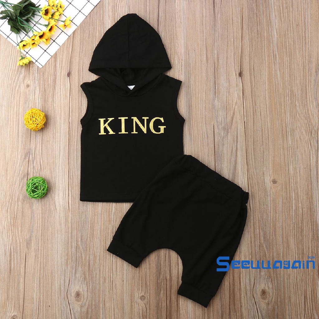 Set áo ba lỗ có nón và quần lửng in chữ &quot;KING&quot; dễ thương cho bé trai