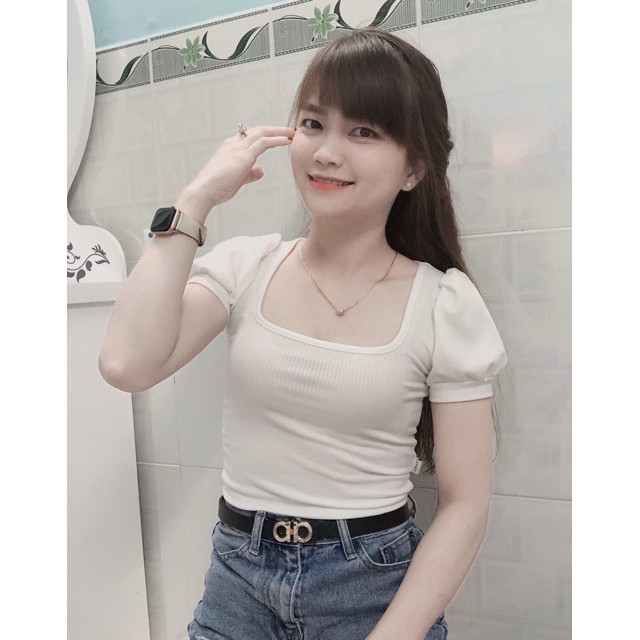 [Freeship 50k] Áo Thun Croptop Tay Phồng Cổ Vuông