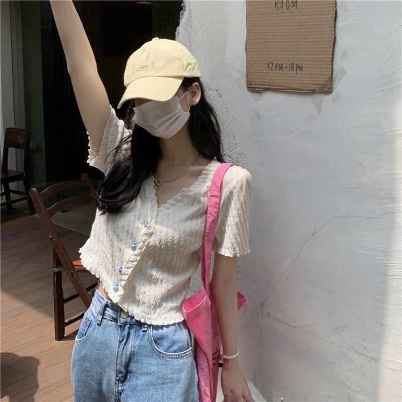 [Hana And Alice] Áo Cardigan Dệt Kim Tay Ngắn Cài Nút Họa Tiết Hoa Nấm Xếp Ly